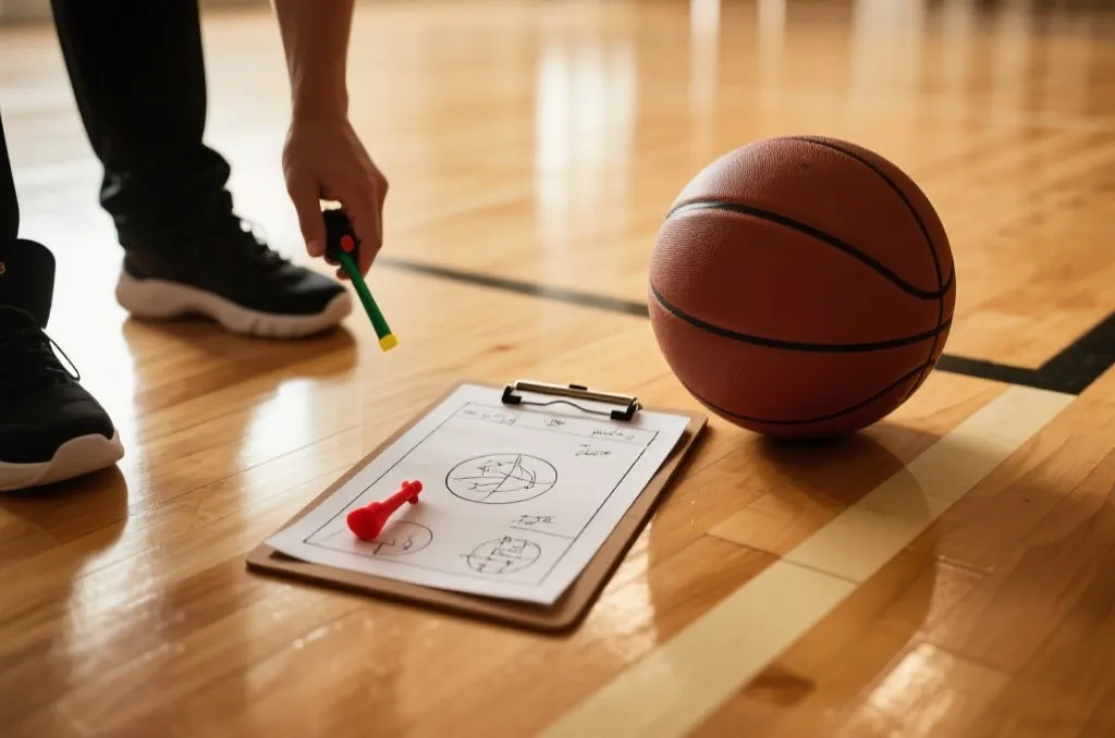 A basketball coach's tactical clipboard with diagrams, whistle, and a basketball on a polished wooden court floor, soft lighting