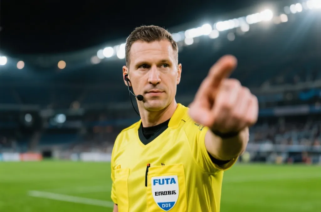 A professional football referee pointing to his communication earpiece while interacting with the VAR control room.